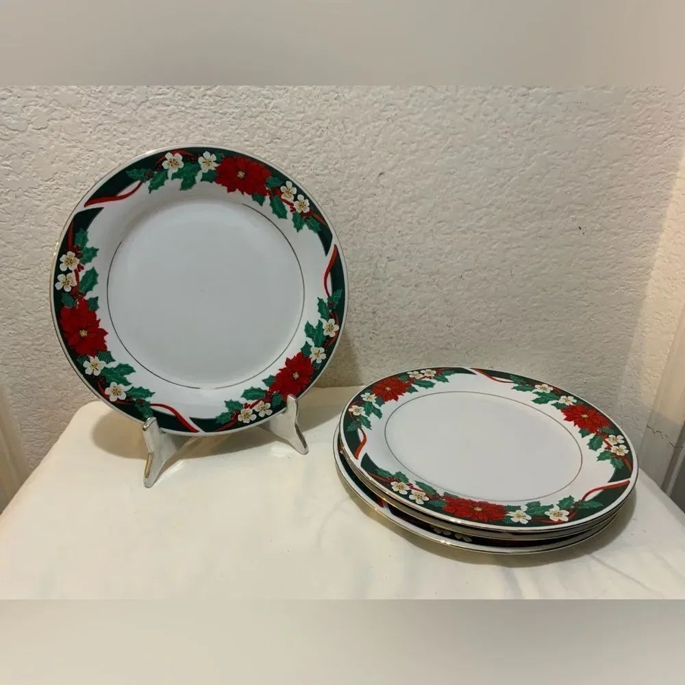 Tienshan DECK THE HALLS Set of 4 Dinner Plates Christmas Poinsettia Gold Rim